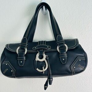 Bally Stitch Buckle Black Leather Hobo Shoulder Bag